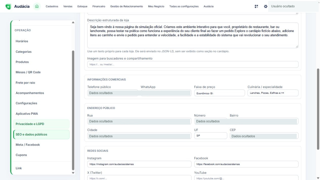 Informações comerciais, endereço e redes sociais para buscadores; dados de contato ocultados