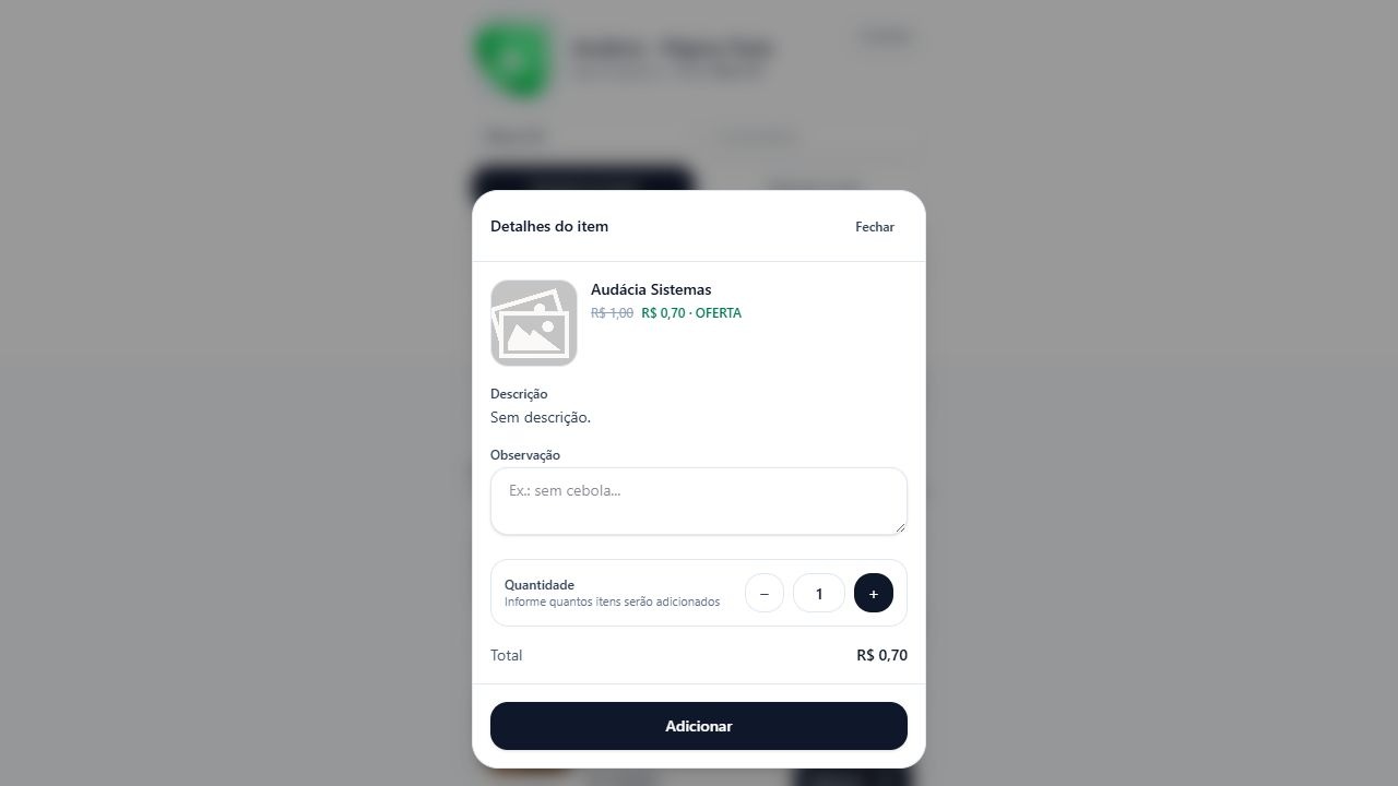 Detalhes do item com observação, quantidade, total e botão Adicionar