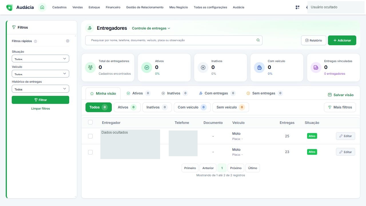 Cadastro de entregadores com pesquisa e filtros; nomes e contatos ocultados