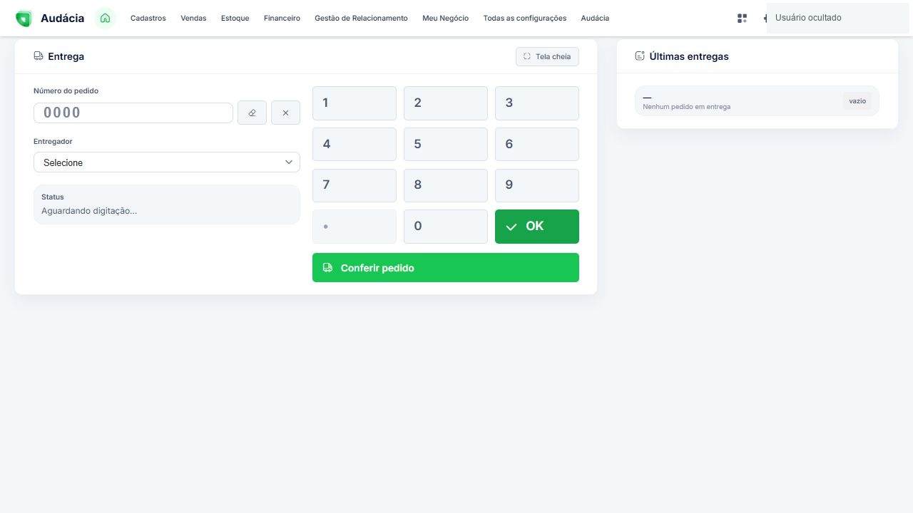 Terminal com número do pedido, entregador, teclado e últimas entregas