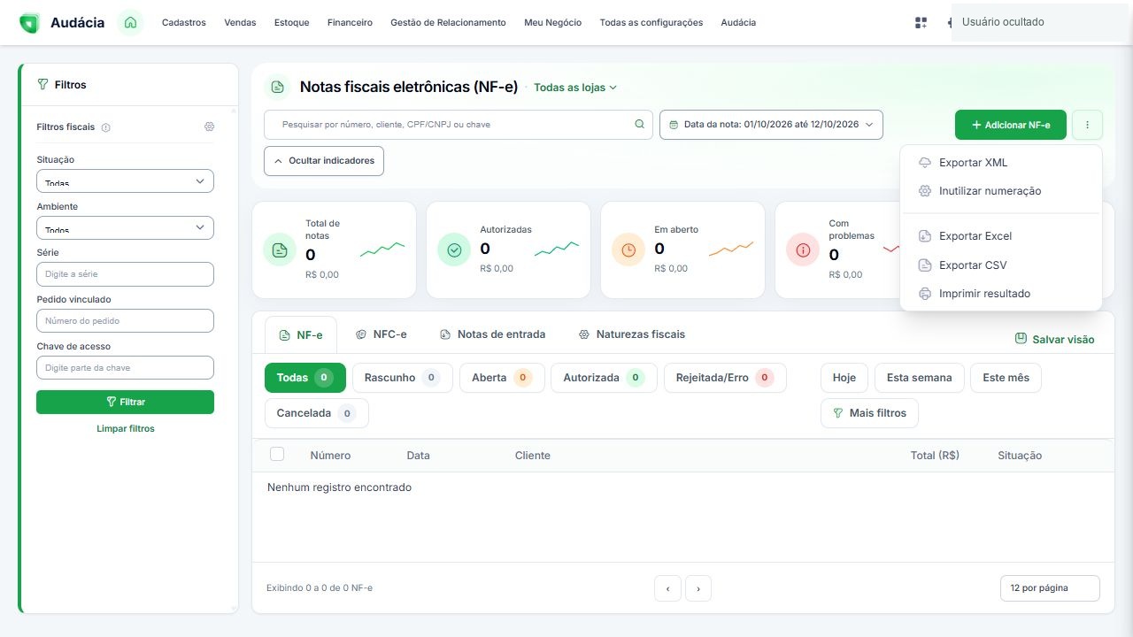 Menu com exportação de XML, inutilização, Excel, CSV e impressão