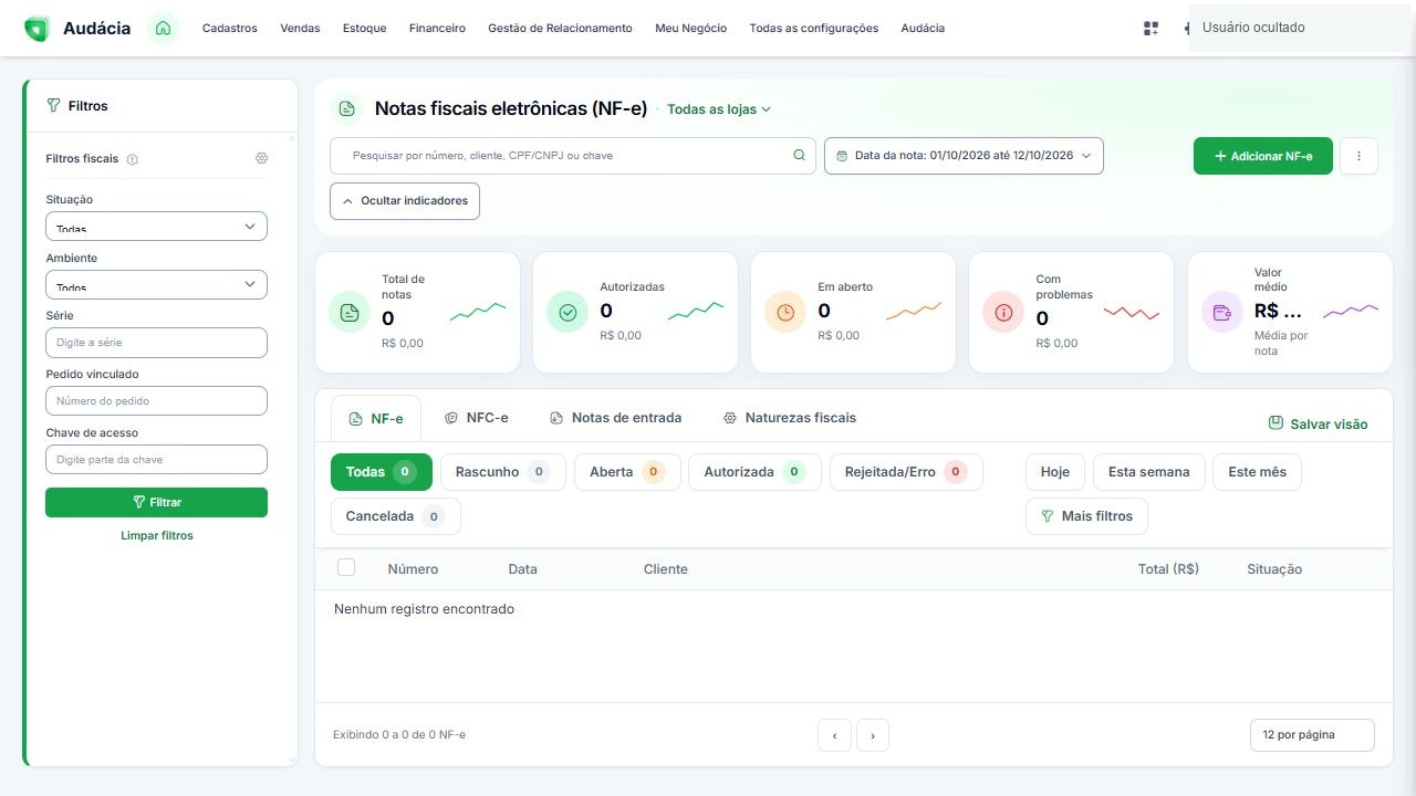 Listagem de NF-e com filtros fiscais e indicadores; sem notas no período