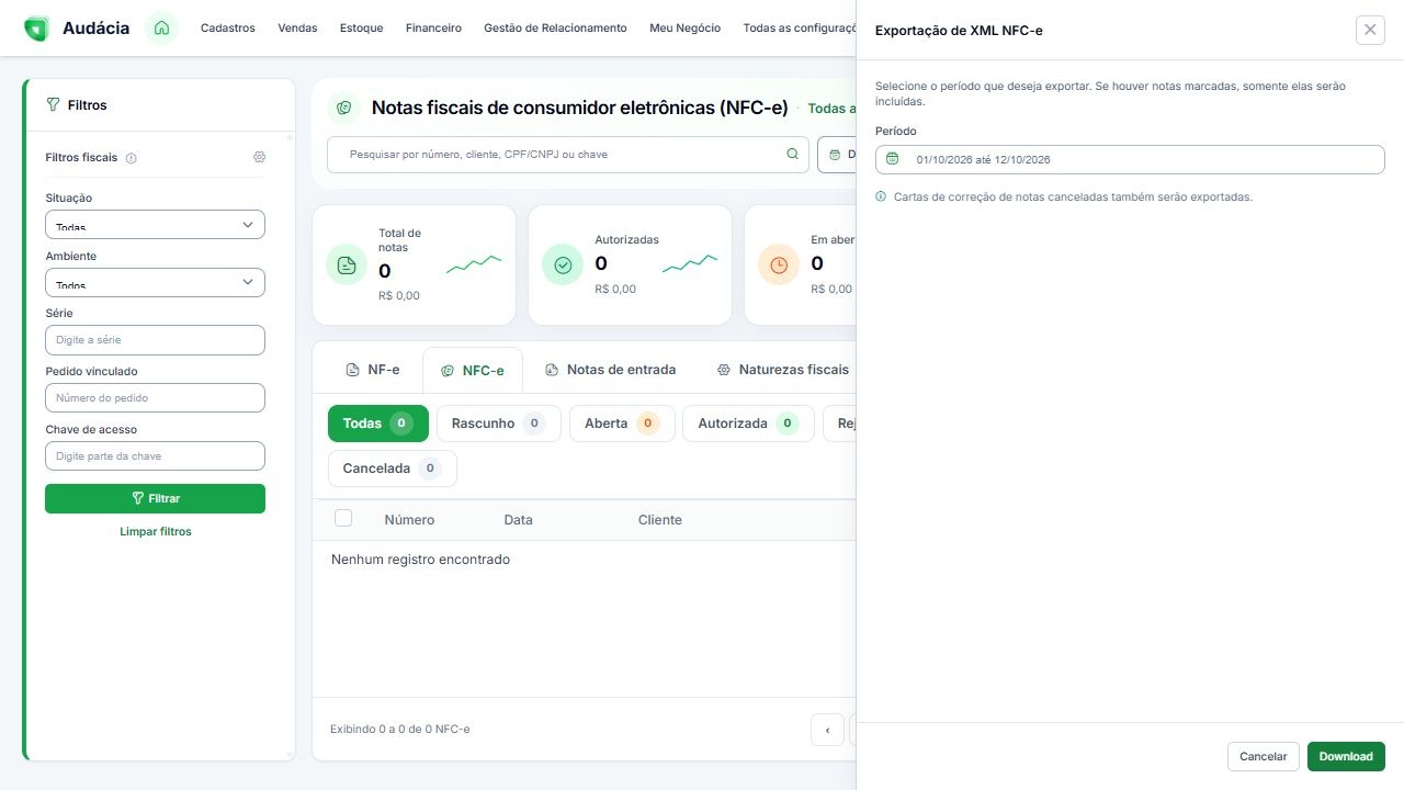 Painel de exportação de XML com período e seleção de notas