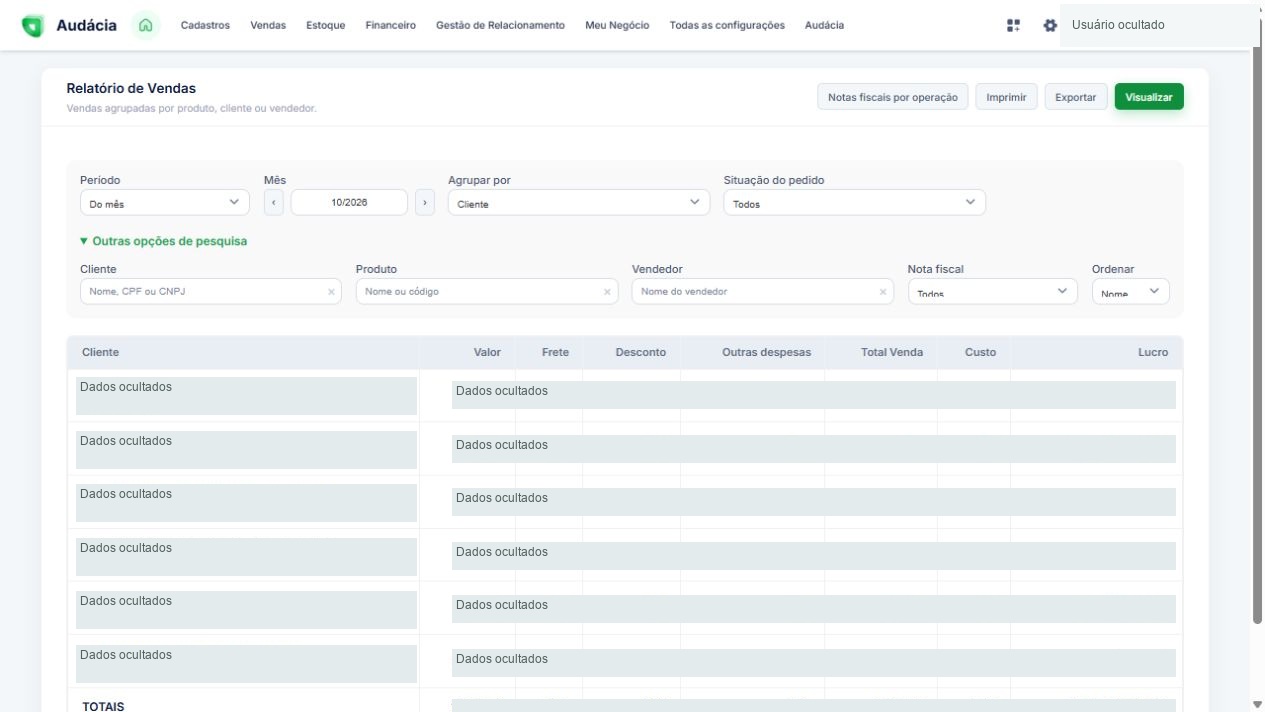 Resultado agrupado por cliente; identificação e valores comerciais ocultados