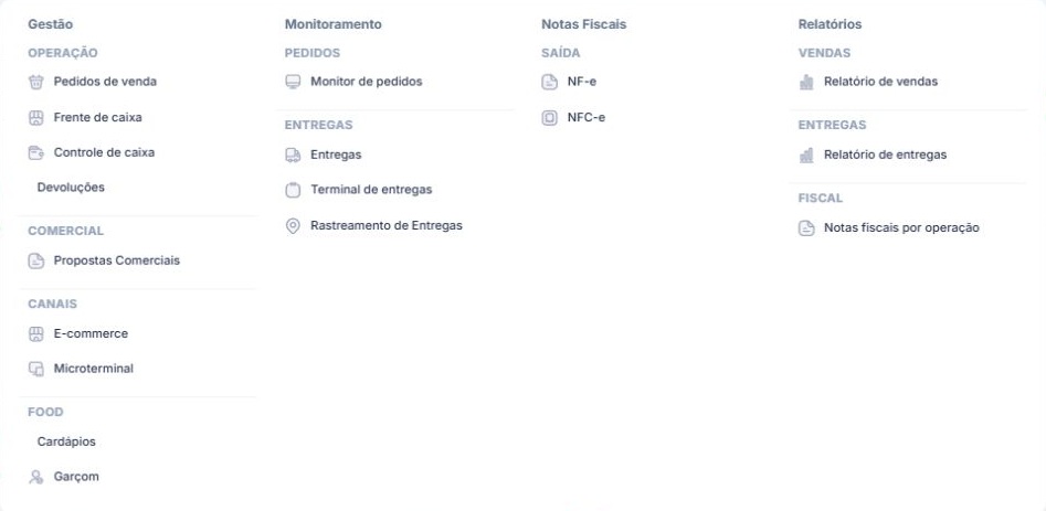 Menu Vendas real do Audácia, com operação, canais, entregas, notas fiscais e relatórios